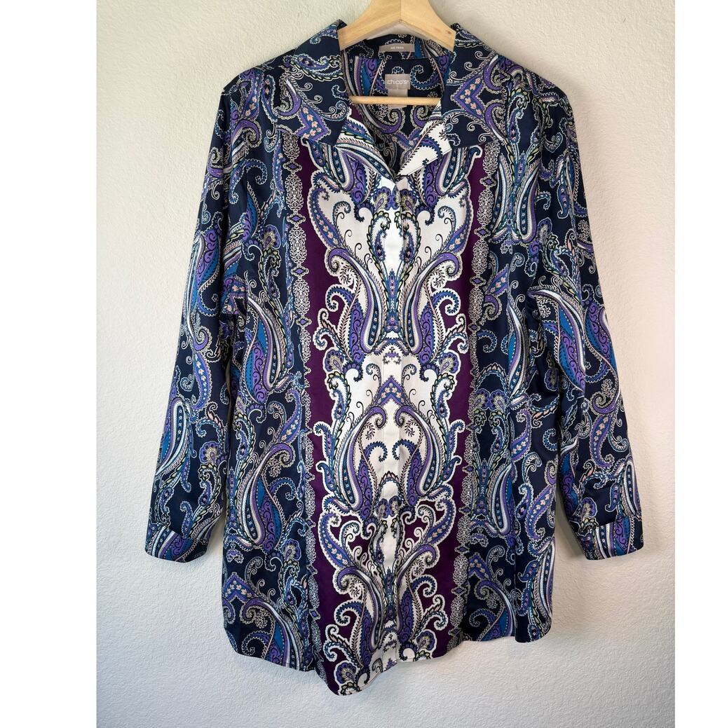 Chico's No Iron Paisley Button Up Shirt Top Size 3 XL Blue Purple Cotton Tunic